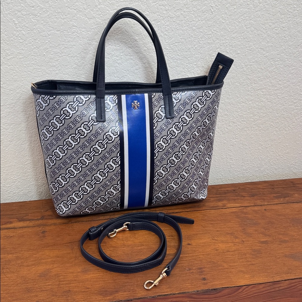 Tory Burch Gimini Link Canvas Satchel Navy and White Patterned Tote.